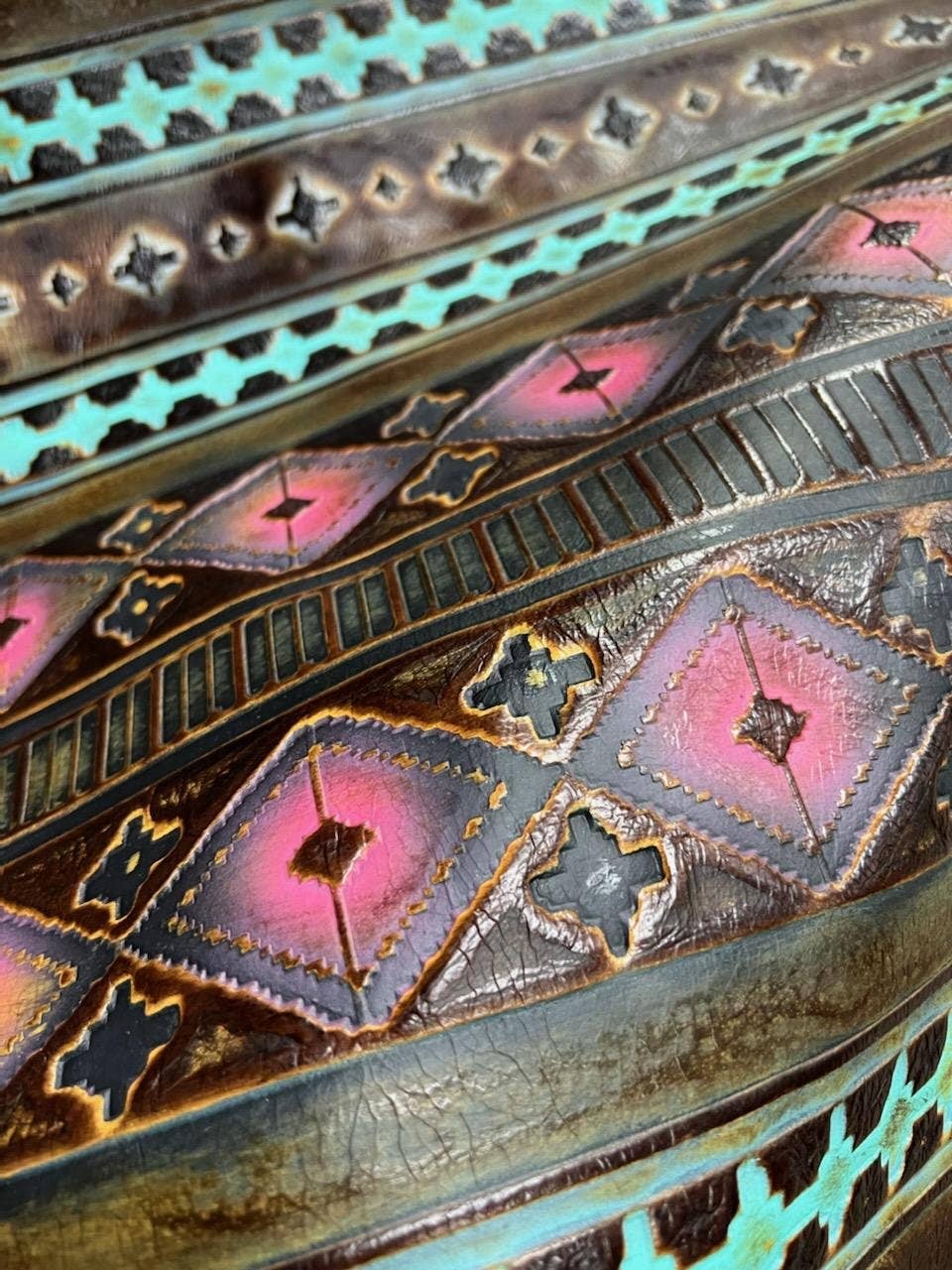 Leather Oval Earring-Magenta Navajo