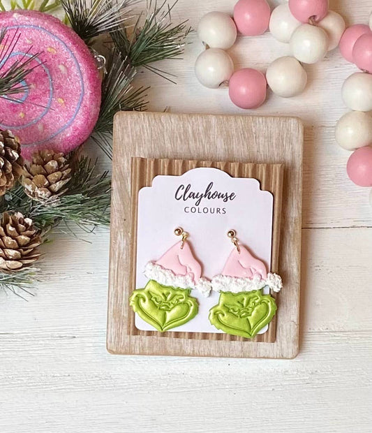 Pink Mean Green Christmas Clay Earrings