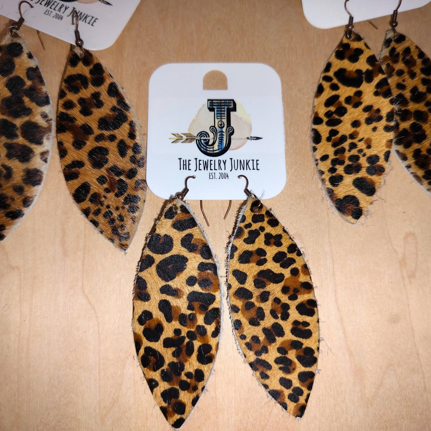 **Narrow Leather Oval Earrings- Leather Cheetah