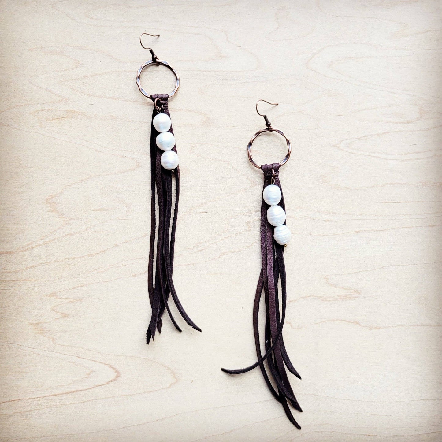 Brown Leather Fringe Earrings with Freshwater Pearls
