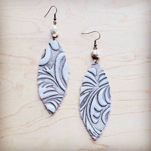 Leather Oval Earrings in Sandy White Floral w/ Turquoise Accent