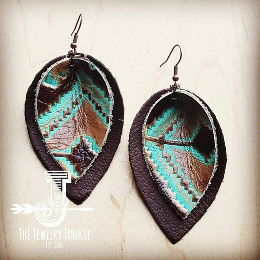 **Leather Double Stacked Earrings-Turquoise Navajo