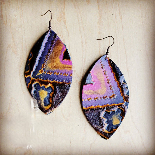 Leather Oval Earring-Magenta Navajo