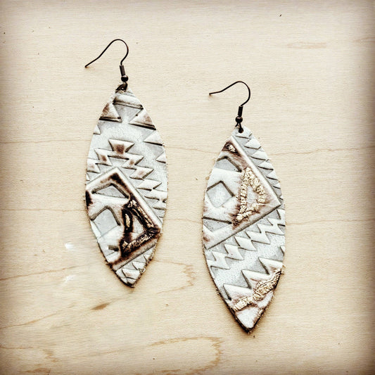 **Narrow Leather Oval Earrings-Aztec Gold