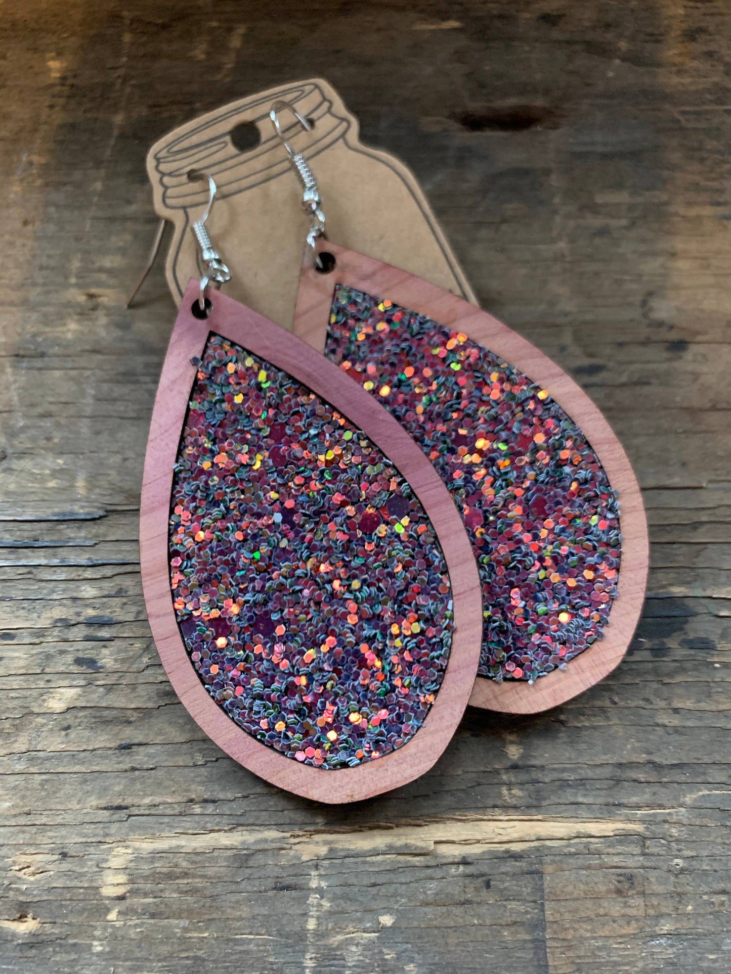 Wood Teardrop Earrings with Iridescent Glitter