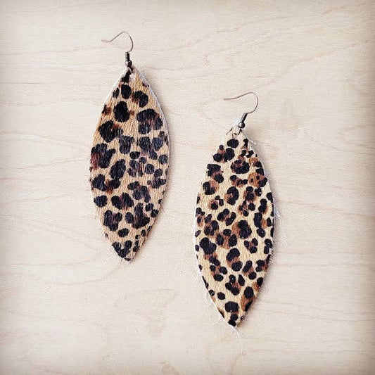 **Narrow Leather Oval Earrings- Leather Cheetah
