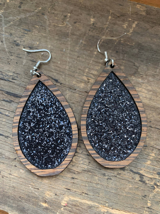 Wood Teardrop Earrings with Black Glitter Cork