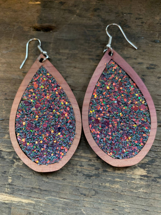 Wood Teardrop Earrings with Iridescent Glitter