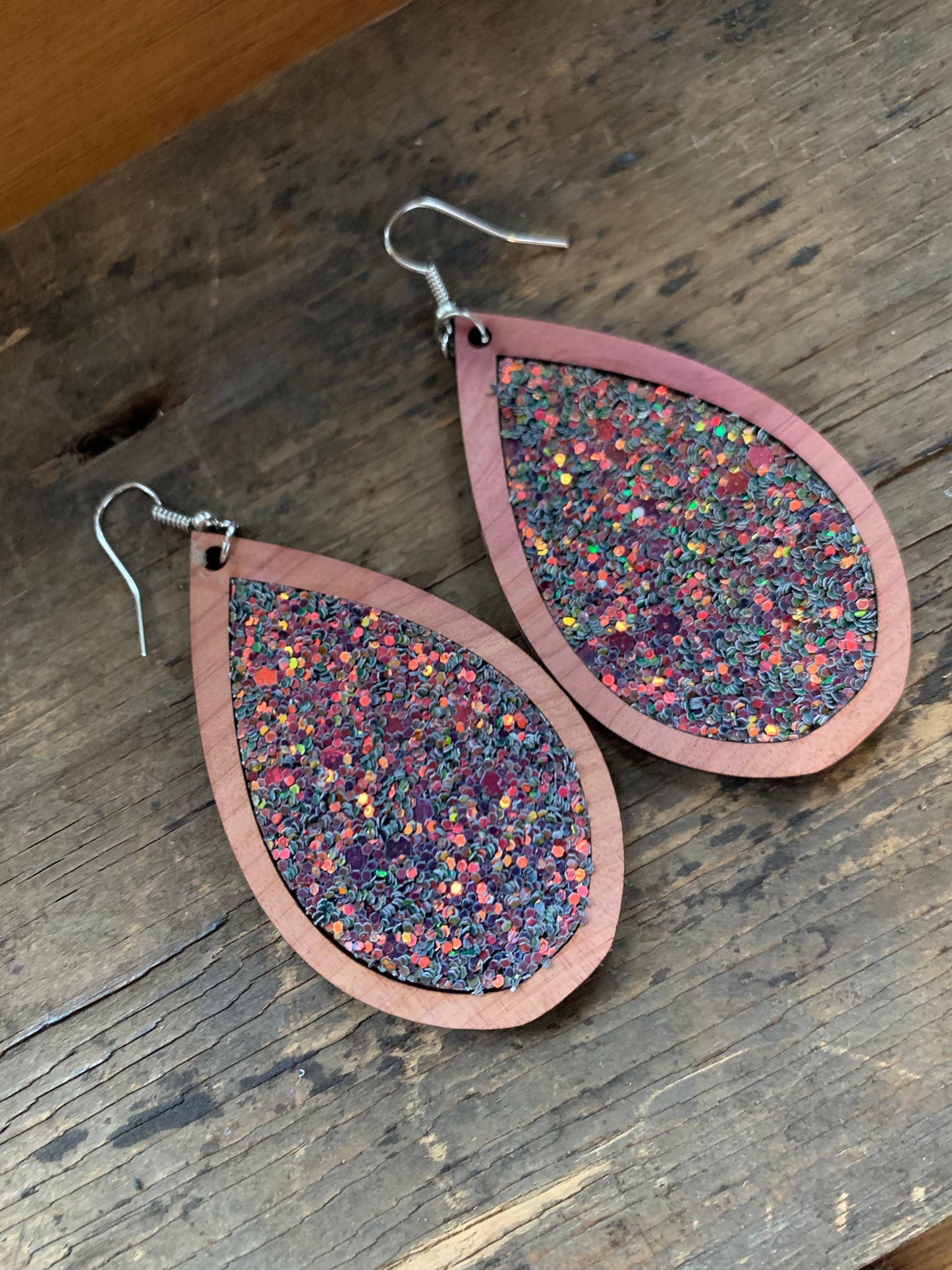 Wood Teardrop Earrings with Iridescent Glitter