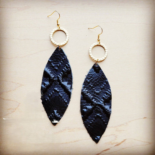 **Narrow Leather Oval Earrings Black Navajo w/ Matte Gold Hoop