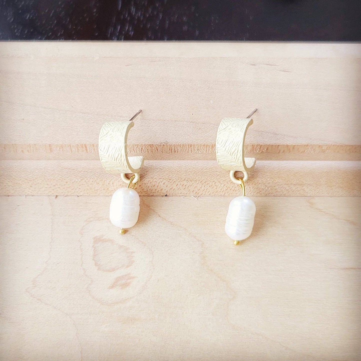 Matte Gold Cuff Earring w/ Genuine Freshwater Pearl Dangle