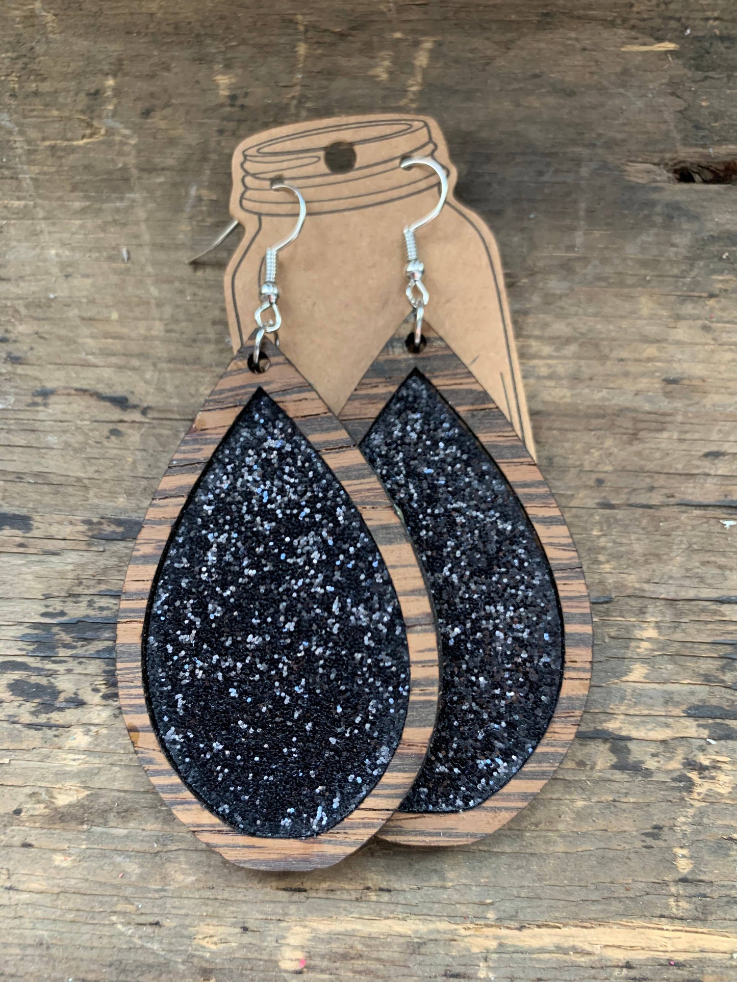 Wood Teardrop Earrings with Black Glitter Cork