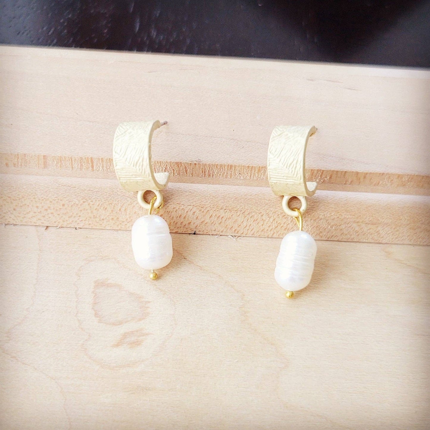Matte Gold Cuff Earring w/ Genuine Freshwater Pearl Dangle
