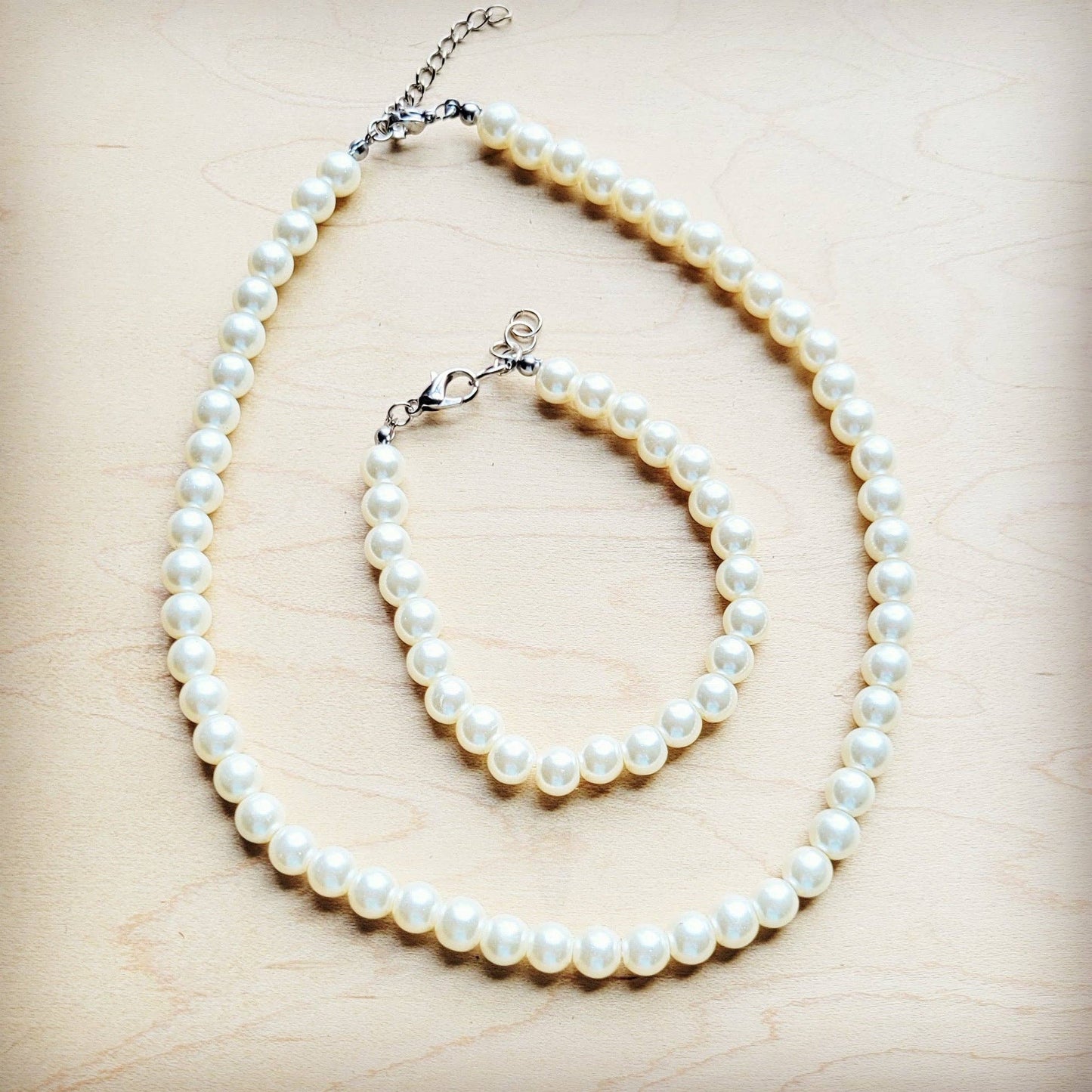 Glass Pearl Necklace & Bracelet Set Wedding Collection