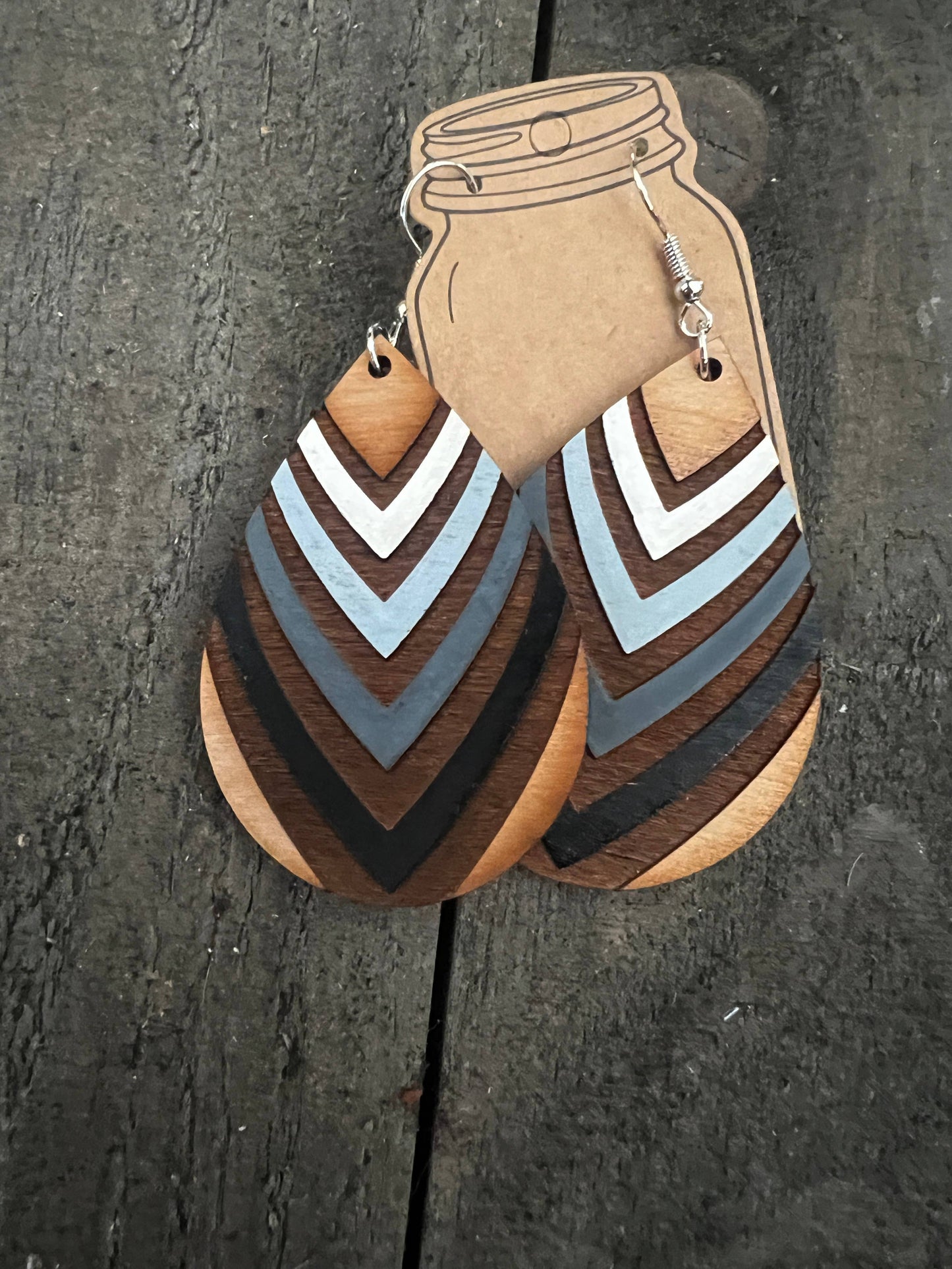 Black Swirl Striped Hand Painted Wood Cutout Earrings