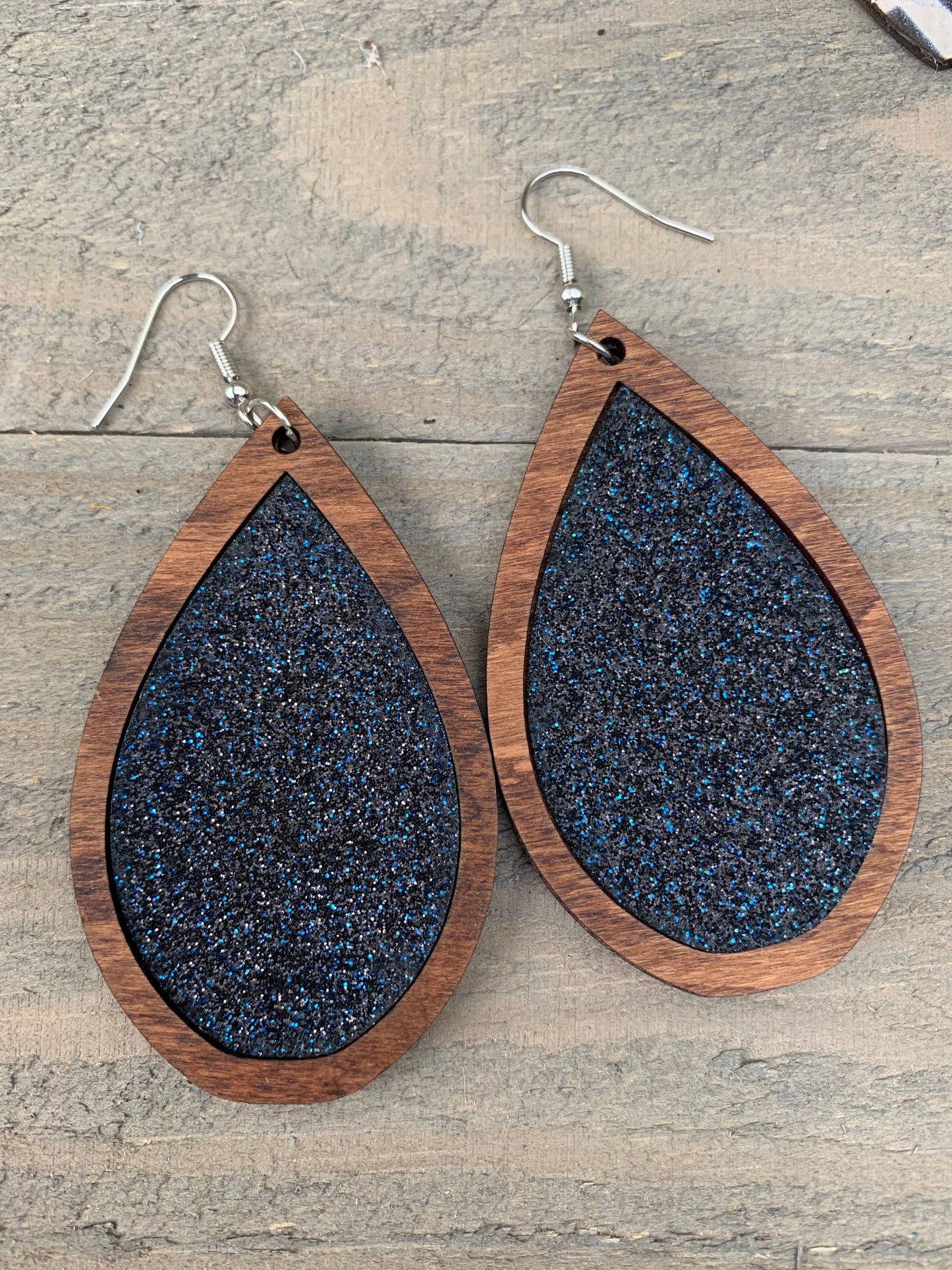 Wood Teardrop Earrings with Navy Glitter