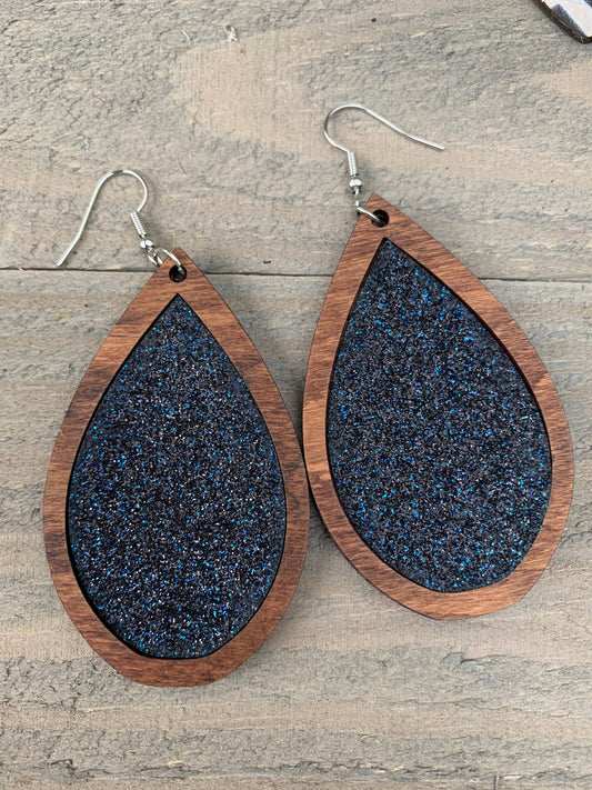Wood Teardrop Earrings with Navy Glitter