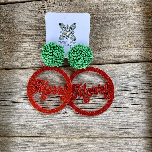 Round Red Glitter Merry With Green Poms