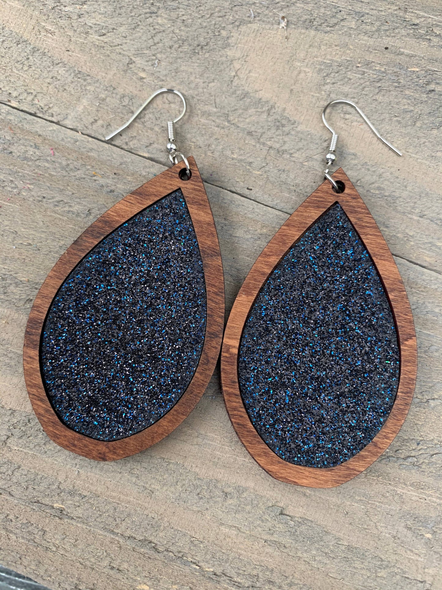 Wood Teardrop Earrings with Navy Glitter