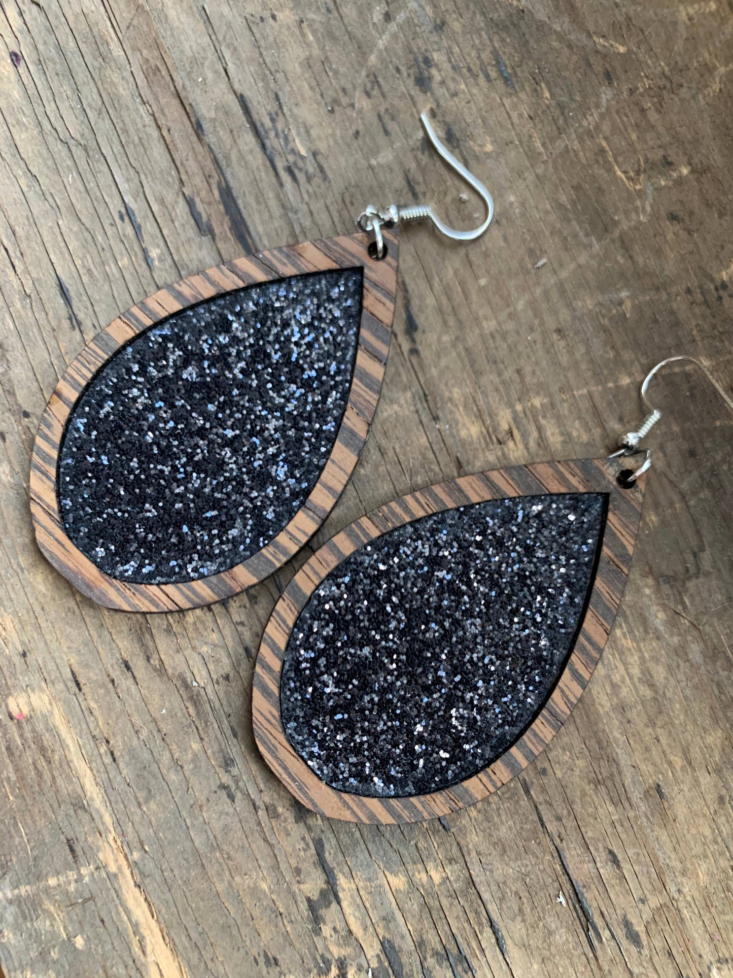Wood Teardrop Earrings with Black Glitter Cork