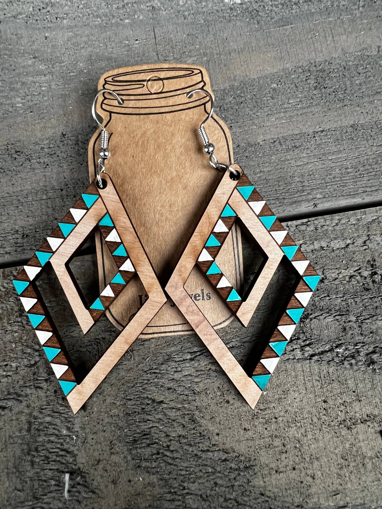 Double Diamond Turquoise and White Geometric Wood Earrings