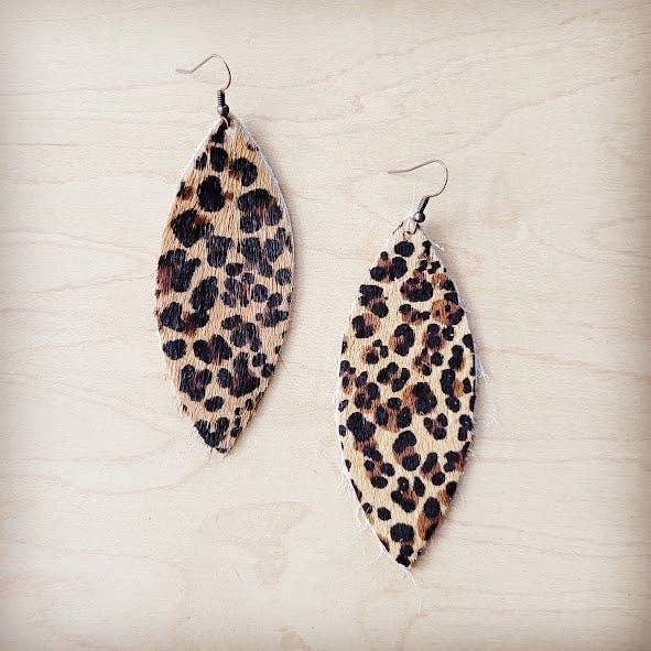 **Narrow Leather Oval Earrings- Leather Cheetah
