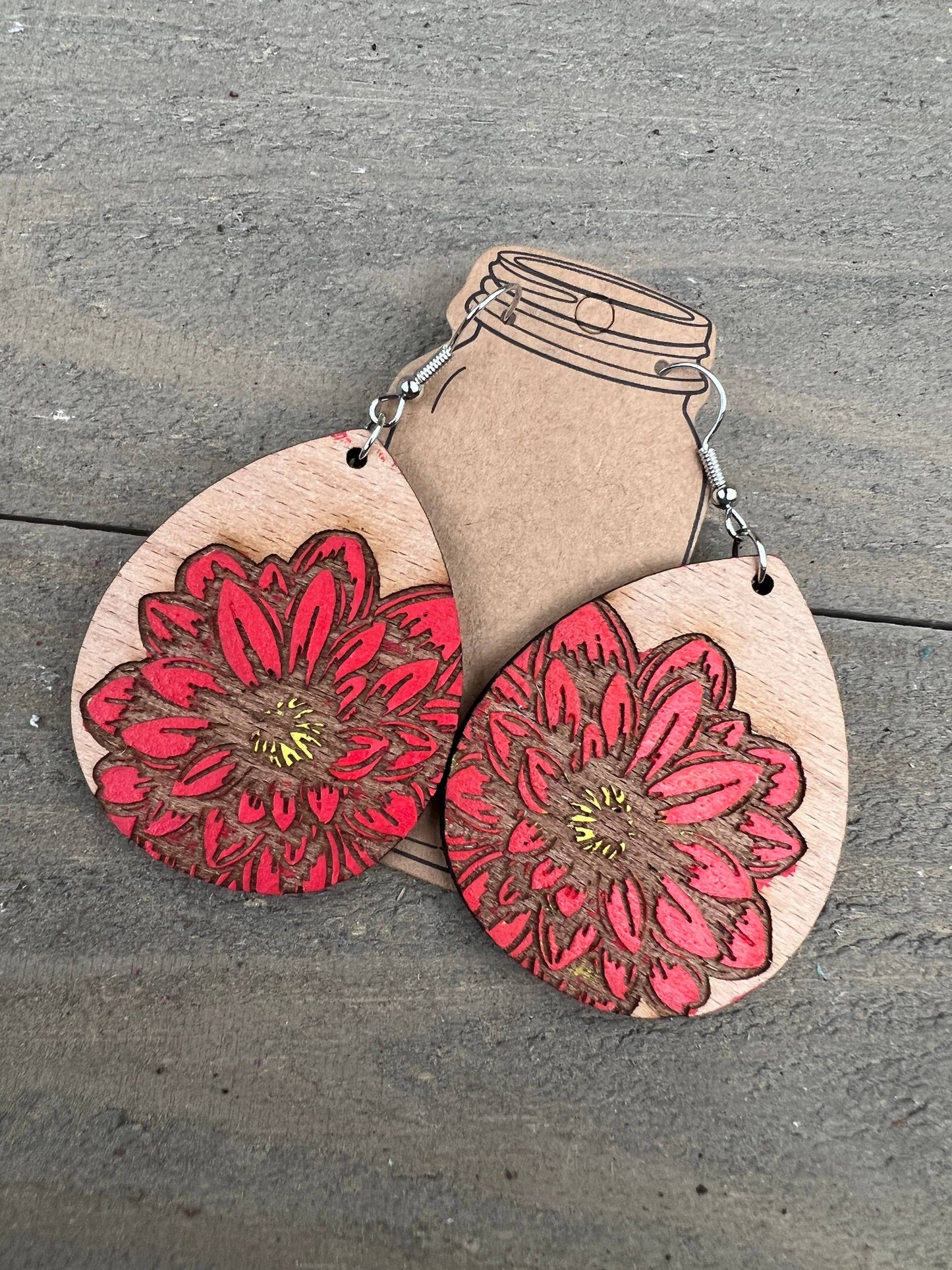 Red Dahlia Floral Engraved Hand painted Wood Earrings