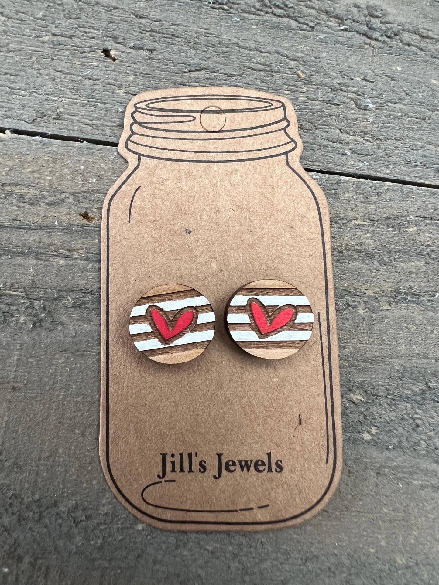 White Stripe Heart Wood Stud Earrings