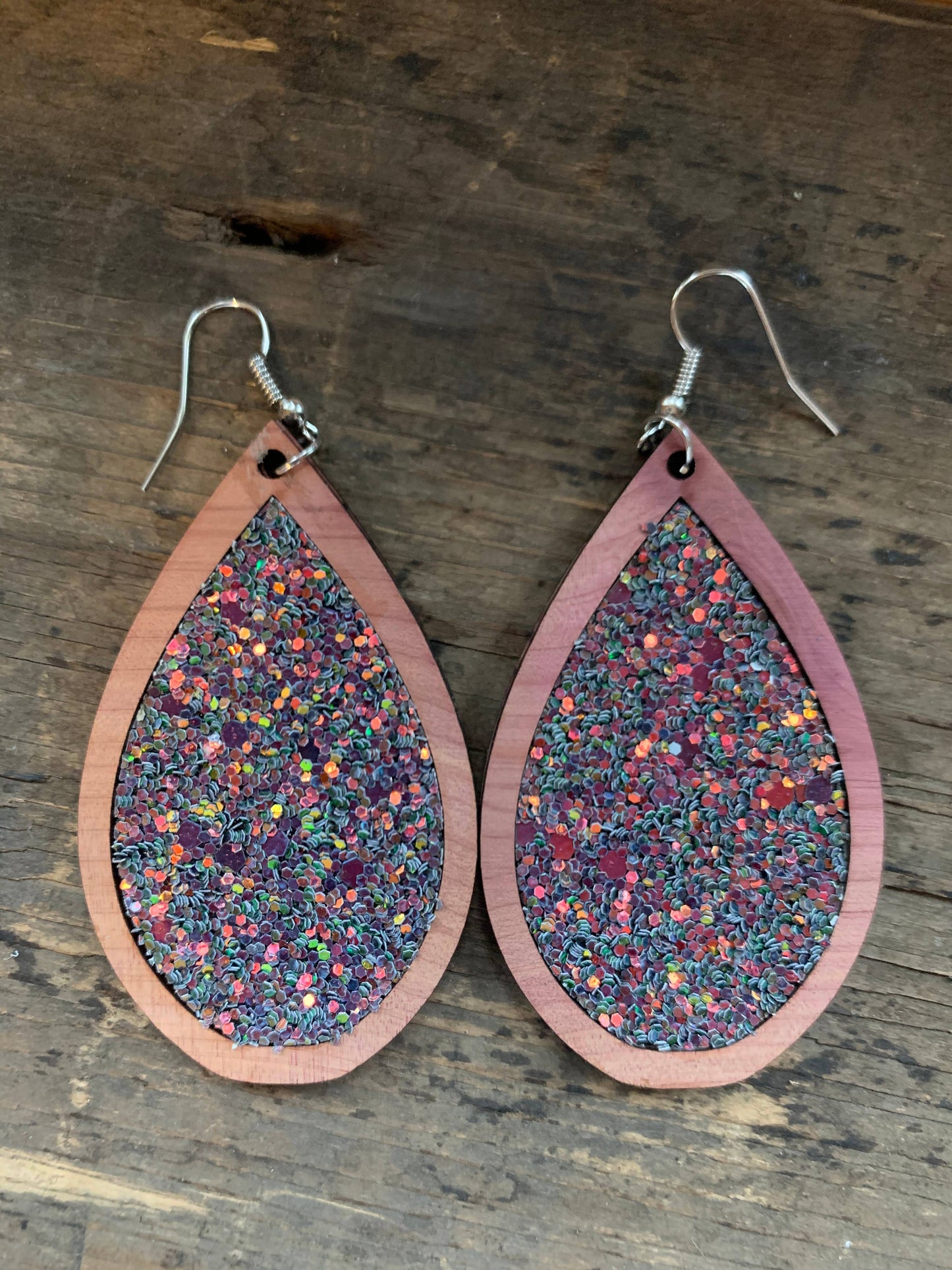 Wood Teardrop Earrings with Iridescent Glitter