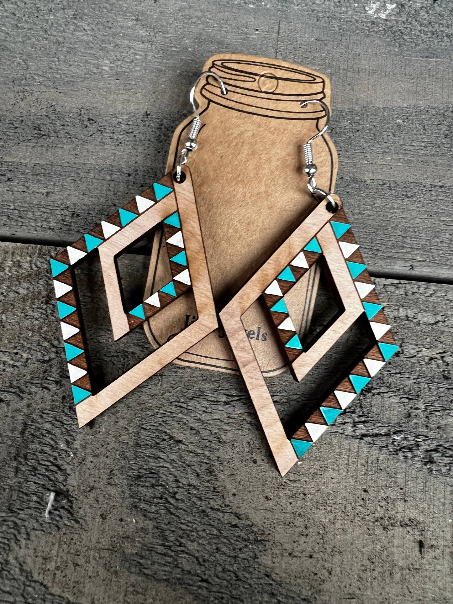 Double Diamond Turquoise and White Geometric Wood Earrings