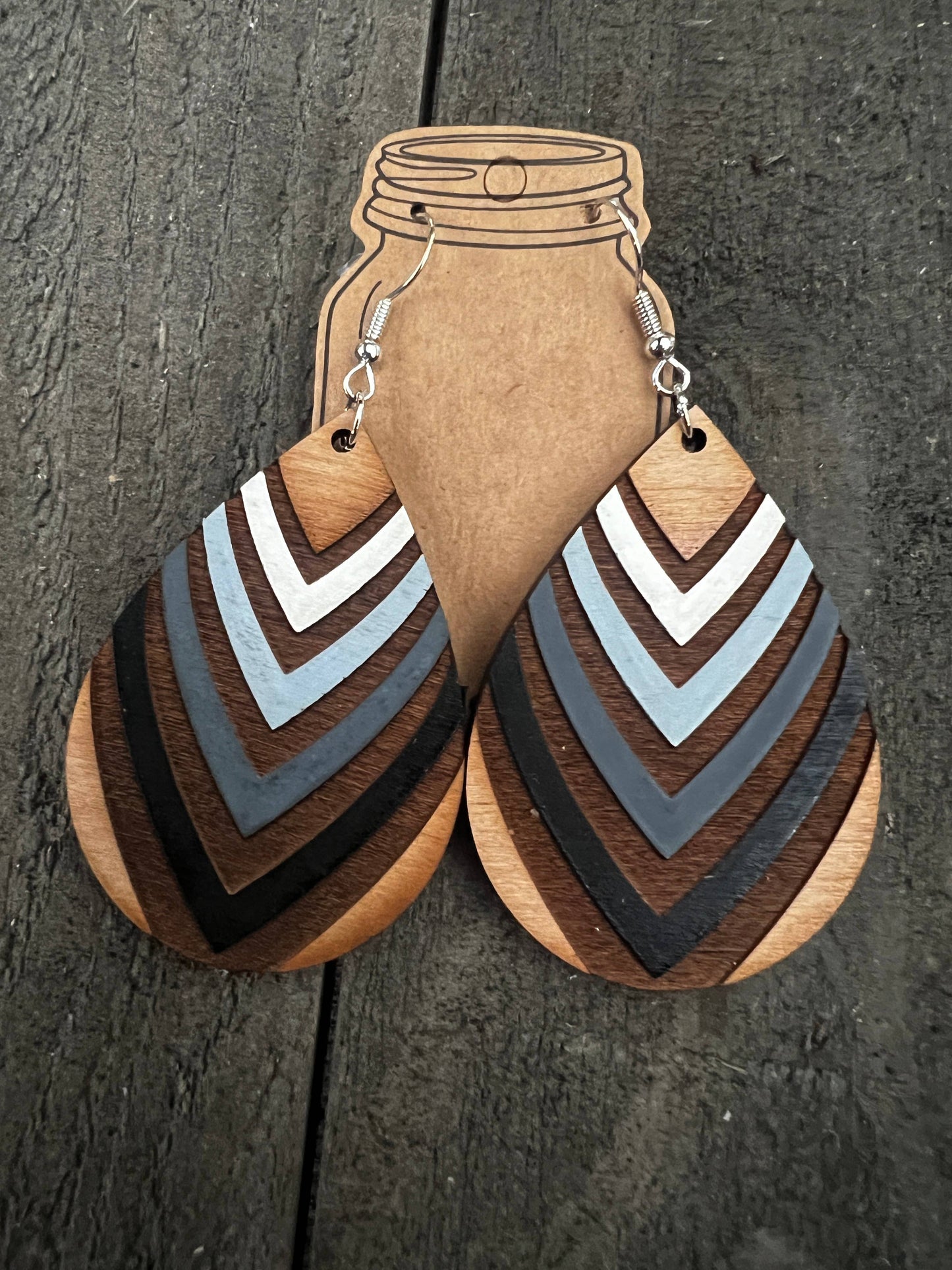 Black Swirl Striped Hand Painted Wood Cutout Earrings