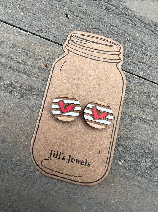 White Stripe Heart Wood Stud Earrings