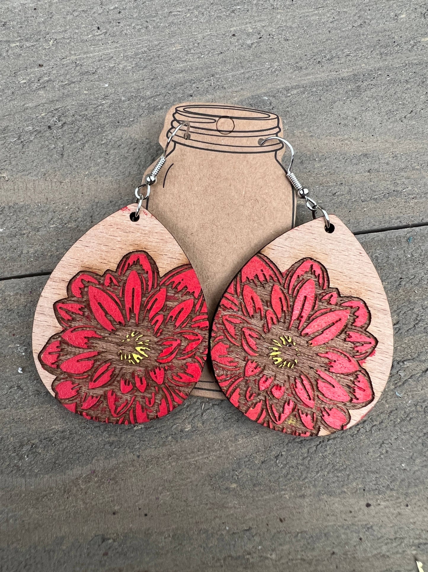 Red Dahlia Floral Engraved Hand painted Wood Earrings